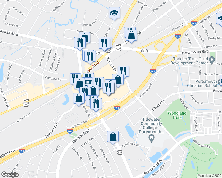 map of restaurants, bars, coffee shops, grocery stores, and more near 4020 Victory Boulevard in Portsmouth