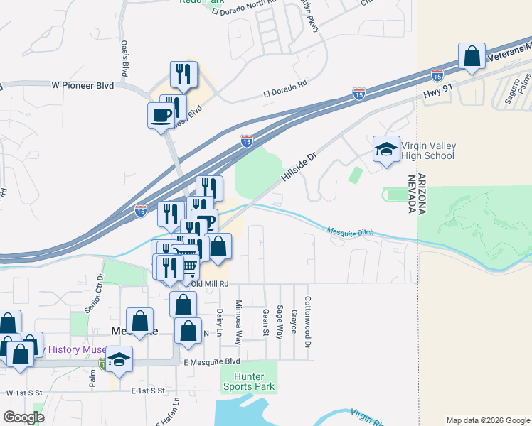 map of restaurants, bars, coffee shops, grocery stores, and more near 560 Canal Street in Mesquite