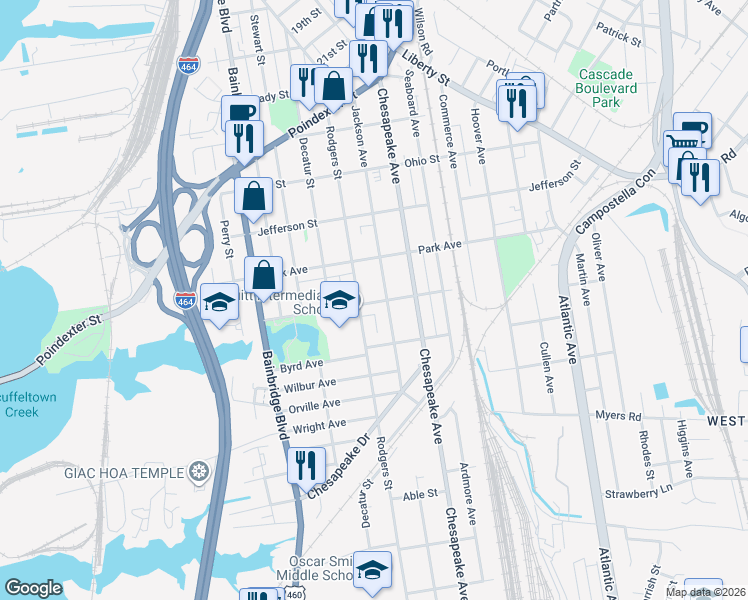 map of restaurants, bars, coffee shops, grocery stores, and more near 1425 Rodgers Street in Chesapeake