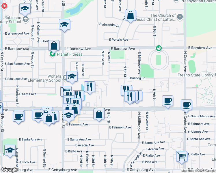 map of restaurants, bars, coffee shops, grocery stores, and more near 1250 East Shaw Avenue in Fresno