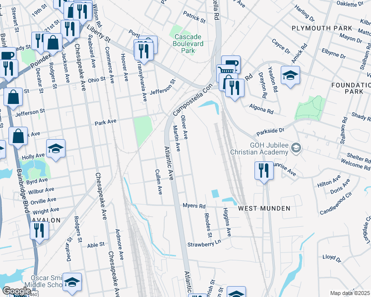 map of restaurants, bars, coffee shops, grocery stores, and more near 1450 Oliver Avenue in Chesapeake