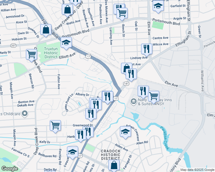 map of restaurants, bars, coffee shops, grocery stores, and more near 25 Ansell Avenue in Portsmouth