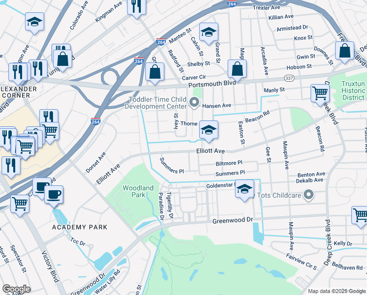 map of restaurants, bars, coffee shops, grocery stores, and more near 3404 Elliott Avenue in Portsmouth