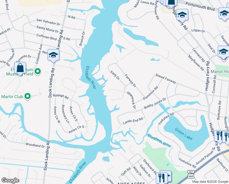 map of restaurants, bars, coffee shops, grocery stores, and more near 3 Shamrock Drive in Portsmouth