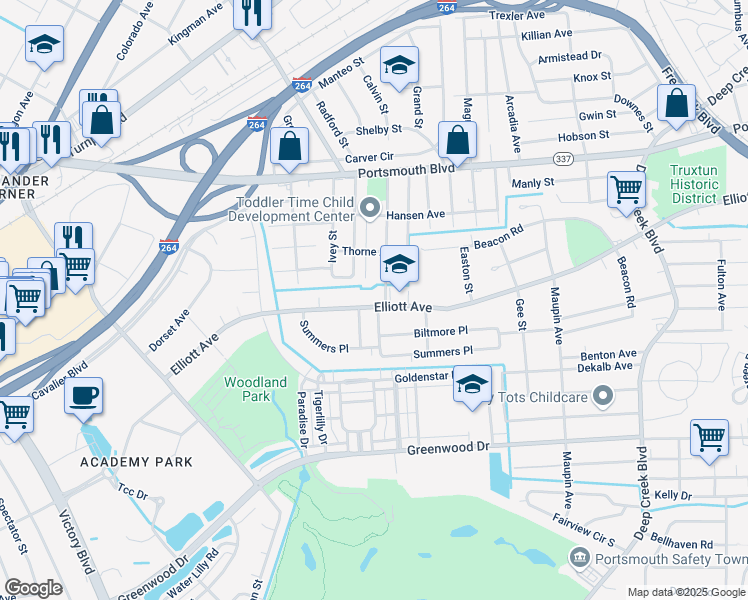 map of restaurants, bars, coffee shops, grocery stores, and more near 3302 Elliott Avenue in Portsmouth