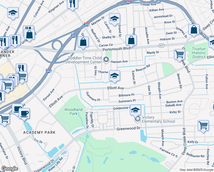 map of restaurants, bars, coffee shops, grocery stores, and more near 3302 Elliott Avenue in Portsmouth