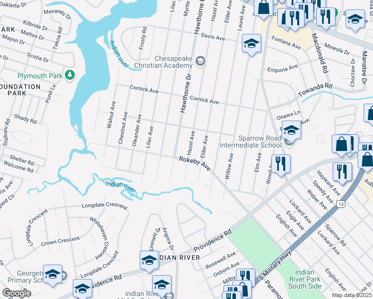 map of restaurants, bars, coffee shops, grocery stores, and more near 1521 Hazel Avenue in Chesapeake