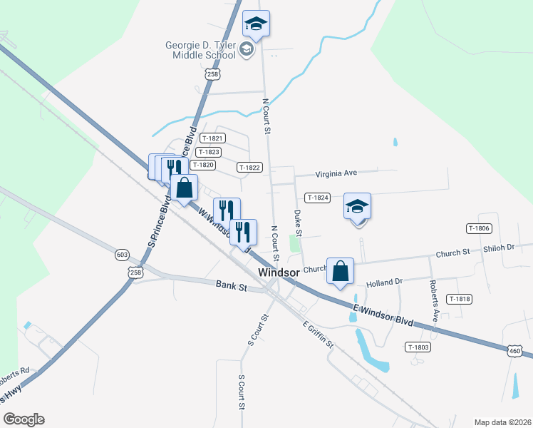 map of restaurants, bars, coffee shops, grocery stores, and more near 25 North Court Street in Windsor