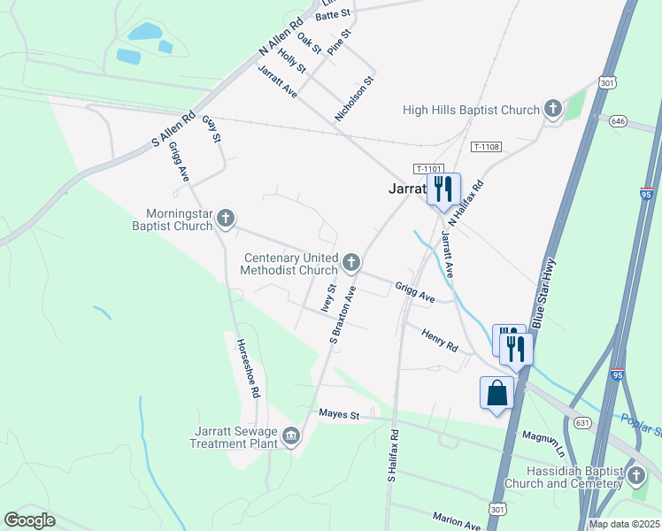 map of restaurants, bars, coffee shops, grocery stores, and more near 211 Grigg Avenue in Jarratt