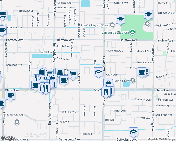 map of restaurants, bars, coffee shops, grocery stores, and more near 1642 Bundy Avenue in Clovis