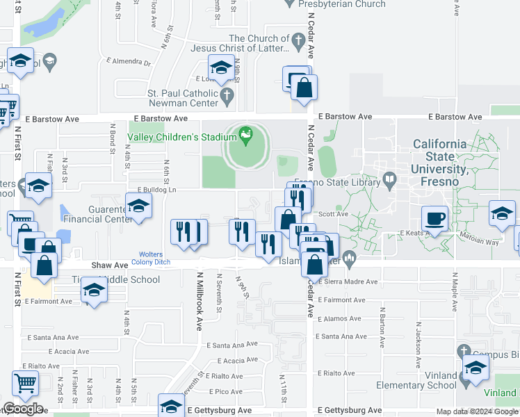 map of restaurants, bars, coffee shops, grocery stores, and more near 1635 East Bulldog Lane in Fresno