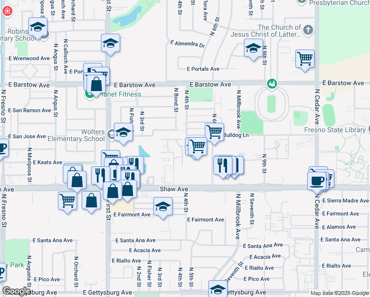 map of restaurants, bars, coffee shops, grocery stores, and more near 1250 East Shaw Avenue in Fresno