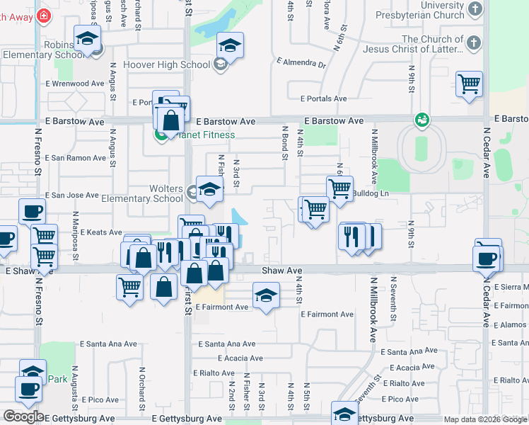map of restaurants, bars, coffee shops, grocery stores, and more near 1250 East Shaw Avenue in Fresno