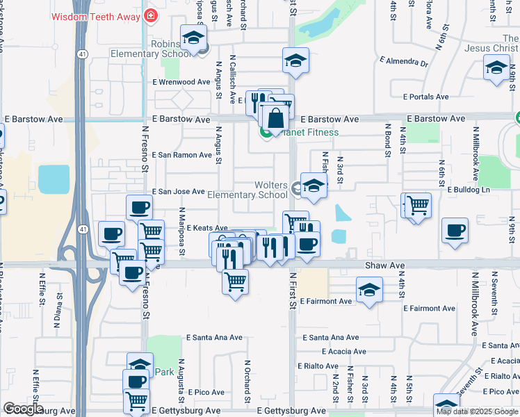 map of restaurants, bars, coffee shops, grocery stores, and more near 695 East San Jose Avenue in Fresno