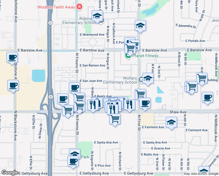 map of restaurants, bars, coffee shops, grocery stores, and more near 5162 North Angus Street in Fresno
