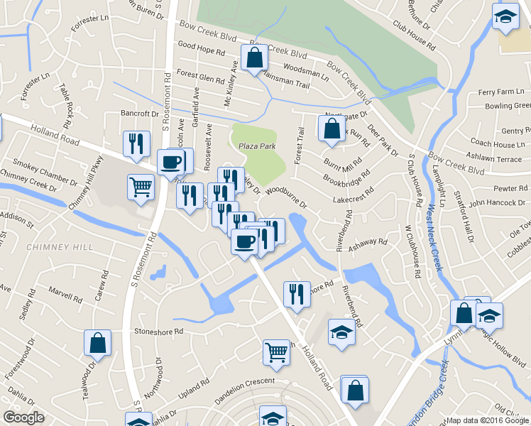 map of restaurants, bars, coffee shops, grocery stores, and more near 3469 Woodburne Drive in Virginia Beach