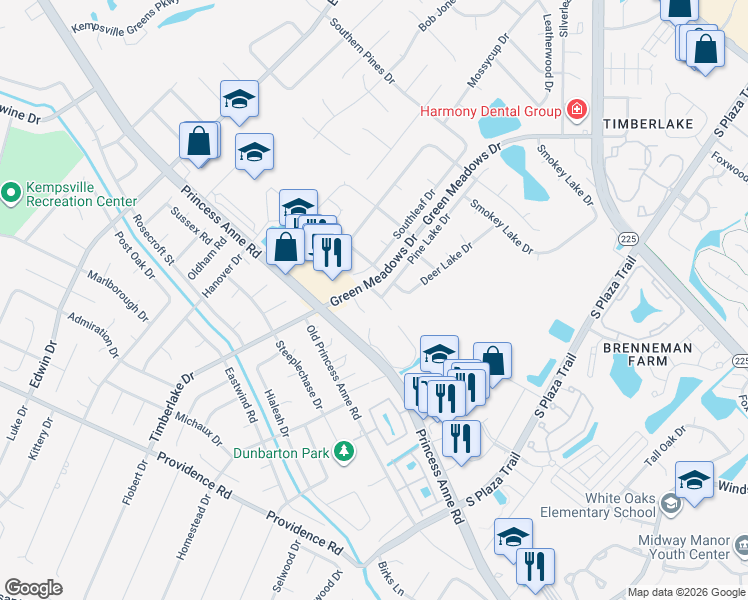 map of restaurants, bars, coffee shops, grocery stores, and more near 4424 Lark Lake Court in Virginia Beach