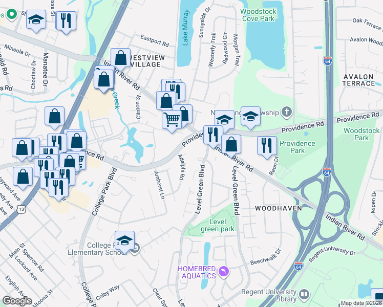 map of restaurants, bars, coffee shops, grocery stores, and more near 6100 Adelphi Circle in Virginia Beach