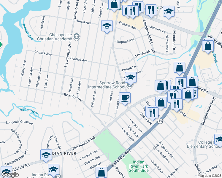 map of restaurants, bars, coffee shops, grocery stores, and more near 1506 Linden Avenue in Chesapeake