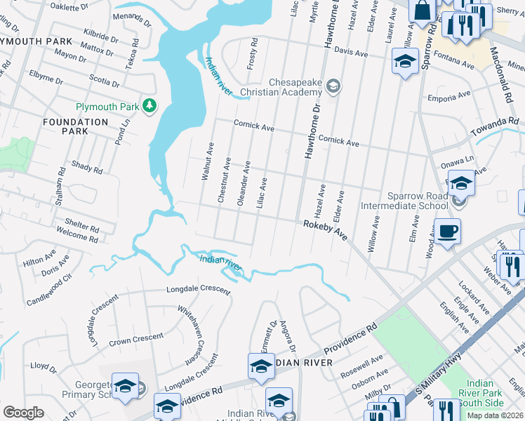 map of restaurants, bars, coffee shops, grocery stores, and more near 1521 Lilac Avenue in Chesapeake