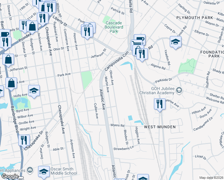 map of restaurants, bars, coffee shops, grocery stores, and more near 1449 Oliver Avenue in Chesapeake