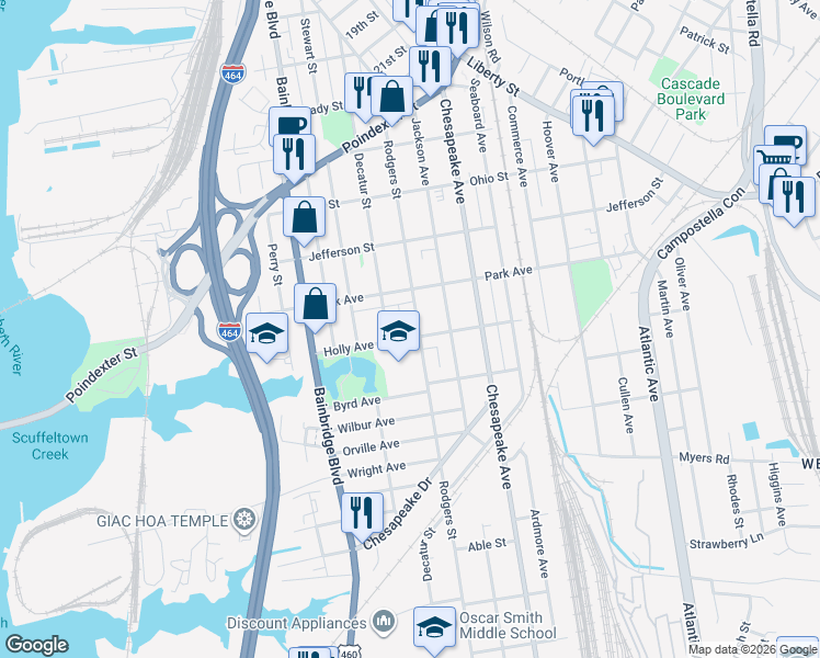 map of restaurants, bars, coffee shops, grocery stores, and more near 1425 Rodgers Street in Chesapeake