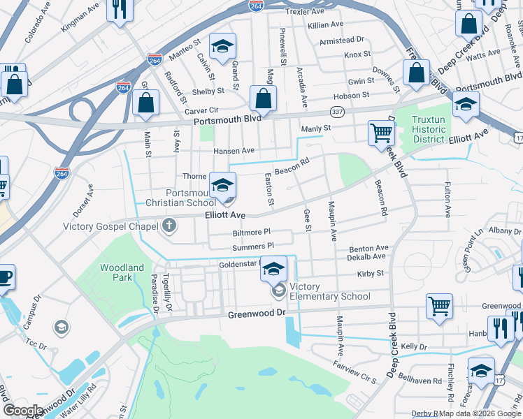 map of restaurants, bars, coffee shops, grocery stores, and more near 30 Easton Street in Portsmouth