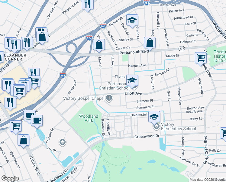 map of restaurants, bars, coffee shops, grocery stores, and more near 3416 Elliott Avenue in Portsmouth