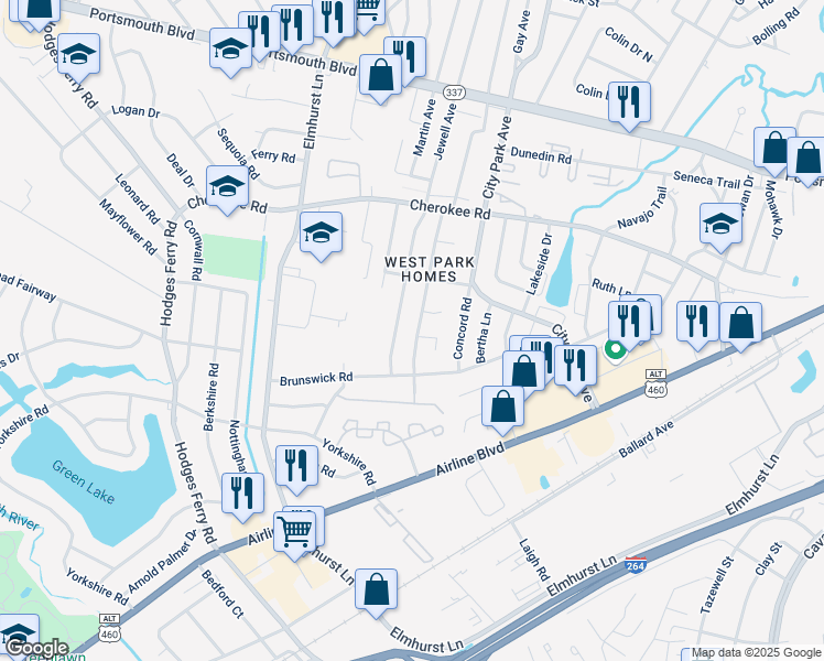 map of restaurants, bars, coffee shops, grocery stores, and more near 1212 Tatem Avenue in Portsmouth