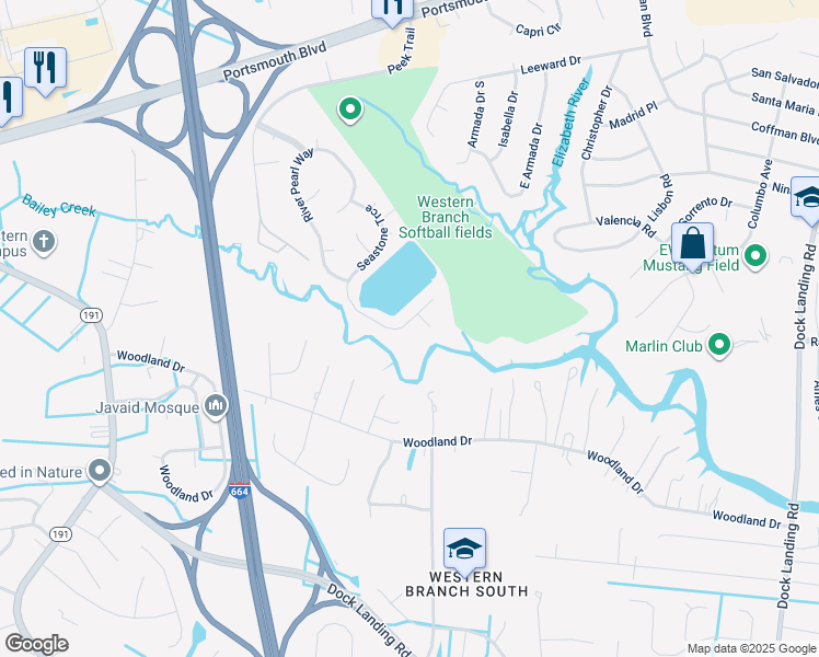 map of restaurants, bars, coffee shops, grocery stores, and more near 2208 Waterfern Cove in Chesapeake