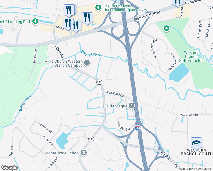 map of restaurants, bars, coffee shops, grocery stores, and more near 1909 Old Jolliff Road in Chesapeake