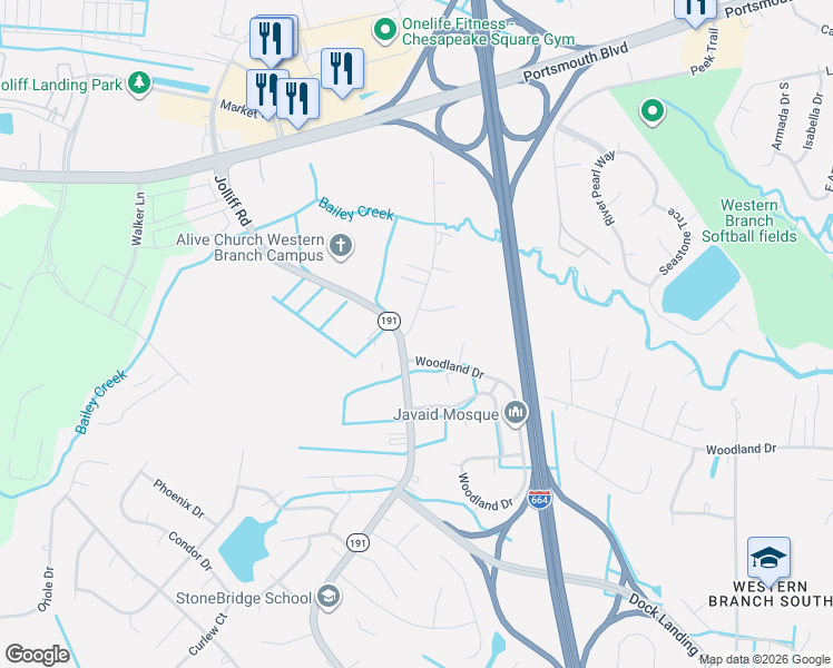 map of restaurants, bars, coffee shops, grocery stores, and more near 1909 Old Jolliff Road in Chesapeake