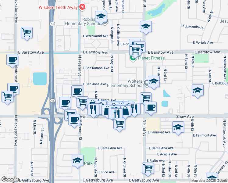 map of restaurants, bars, coffee shops, grocery stores, and more near 5162 North Angus Street in Fresno
