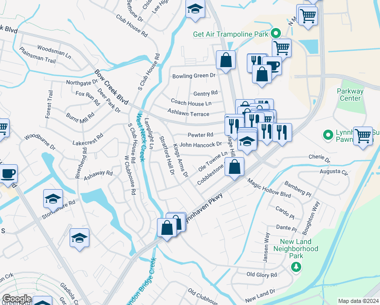 map of restaurants, bars, coffee shops, grocery stores, and more near 3060 Capital Hill Lane in Virginia Beach