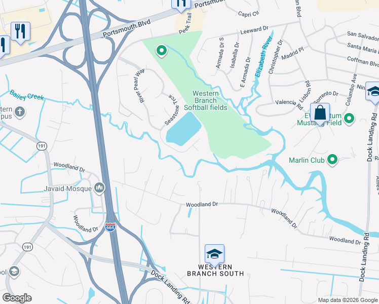 map of restaurants, bars, coffee shops, grocery stores, and more near 2208 Waterfern Cove in Chesapeake