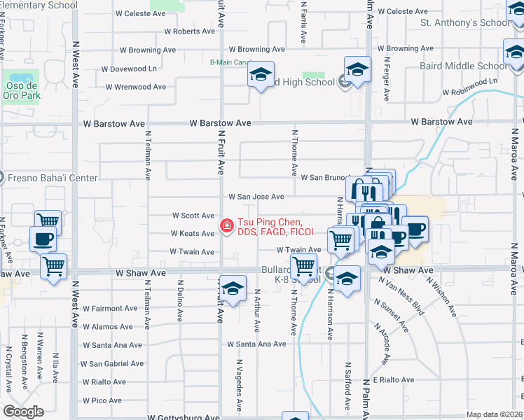 map of restaurants, bars, coffee shops, grocery stores, and more near 1284 West Scott Avenue in Fresno
