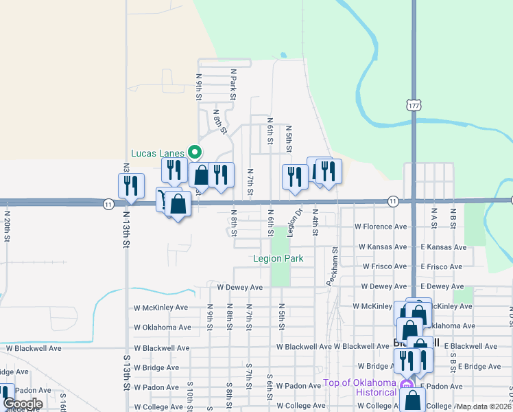 map of restaurants, bars, coffee shops, grocery stores, and more near 719 Oklahoma 11 in Blackwell