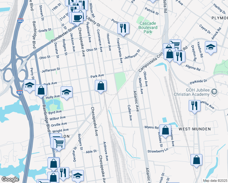 map of restaurants, bars, coffee shops, grocery stores, and more near 1512 Hoover Avenue in Chesapeake