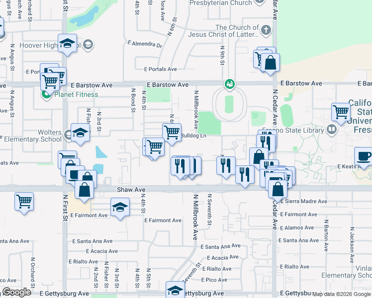 map of restaurants, bars, coffee shops, grocery stores, and more near 5150 North 6th Street in Fresno