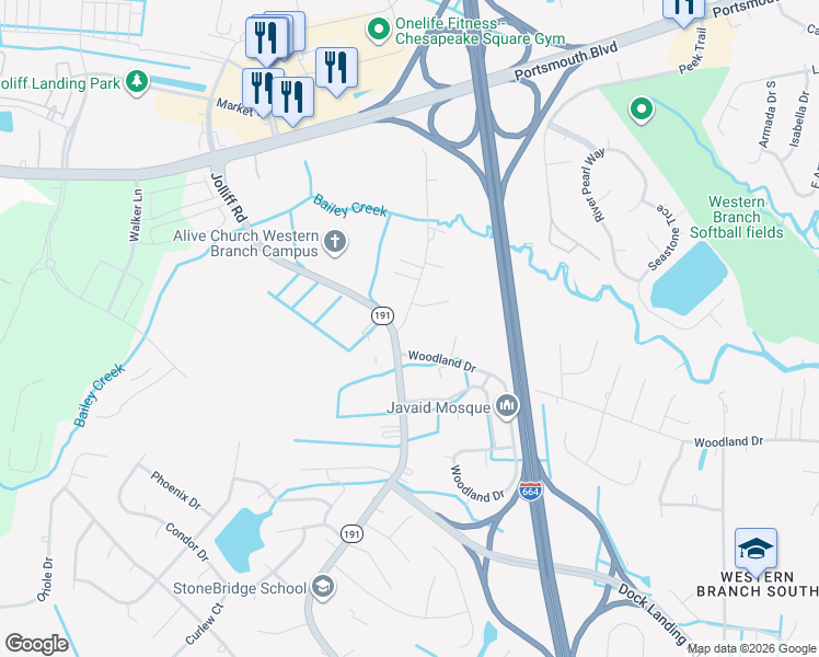 map of restaurants, bars, coffee shops, grocery stores, and more near 1909 Old Jolliff Road in Chesapeake