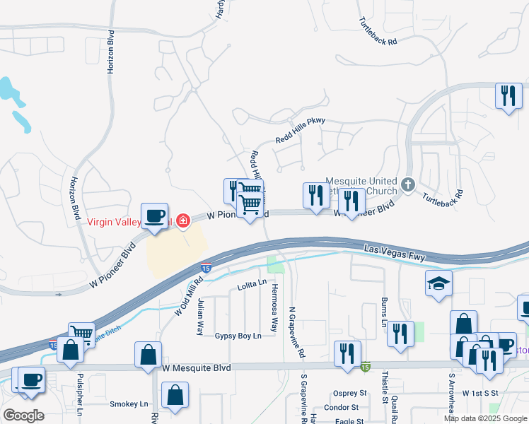 map of restaurants, bars, coffee shops, grocery stores, and more near 660 West Pioneer Boulevard in Mesquite