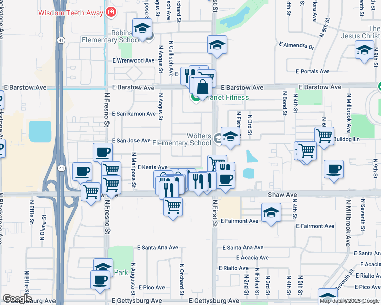 map of restaurants, bars, coffee shops, grocery stores, and more near 695 East San Jose Avenue in Fresno