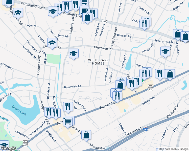 map of restaurants, bars, coffee shops, grocery stores, and more near 1212 Tatem Avenue in Portsmouth