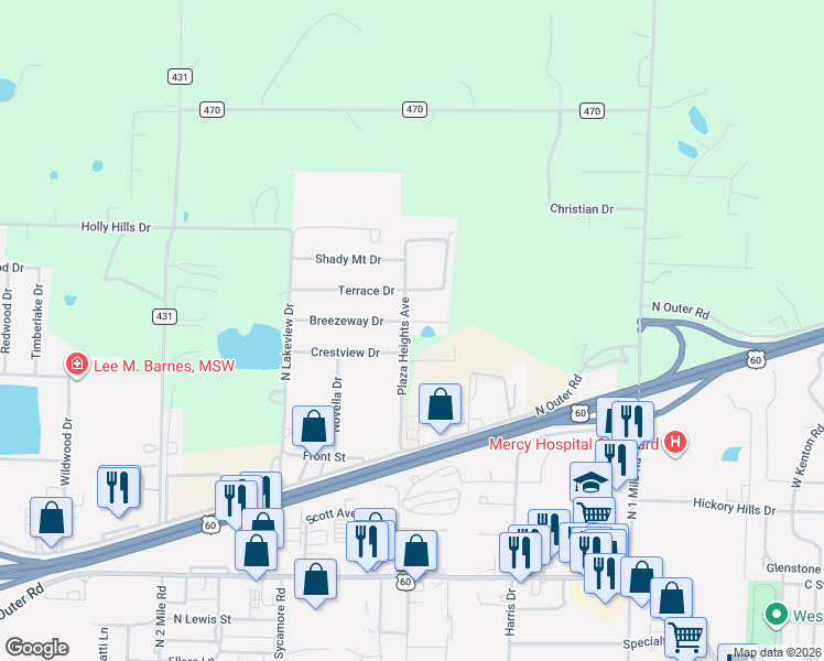 map of restaurants, bars, coffee shops, grocery stores, and more near 13532 Plaza Heights Avenue in Dexter