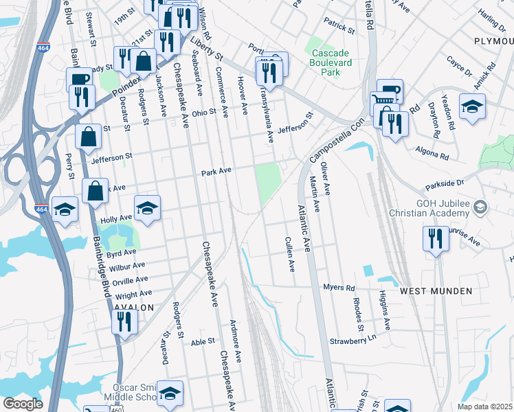 map of restaurants, bars, coffee shops, grocery stores, and more near 1512 Hoover Avenue in Chesapeake