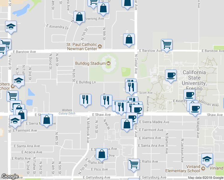 map of restaurants, bars, coffee shops, grocery stores, and more near 1635 East Bulldog Lane in Fresno