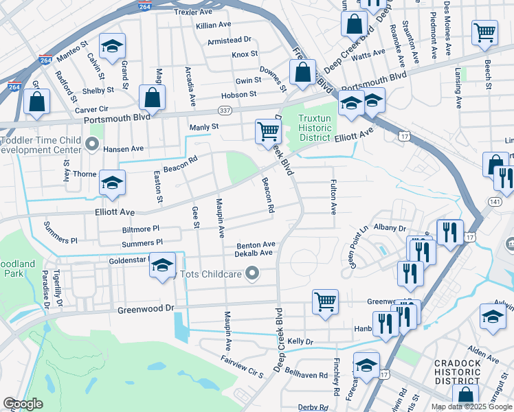 map of restaurants, bars, coffee shops, grocery stores, and more near 206 Charles Avenue in Portsmouth