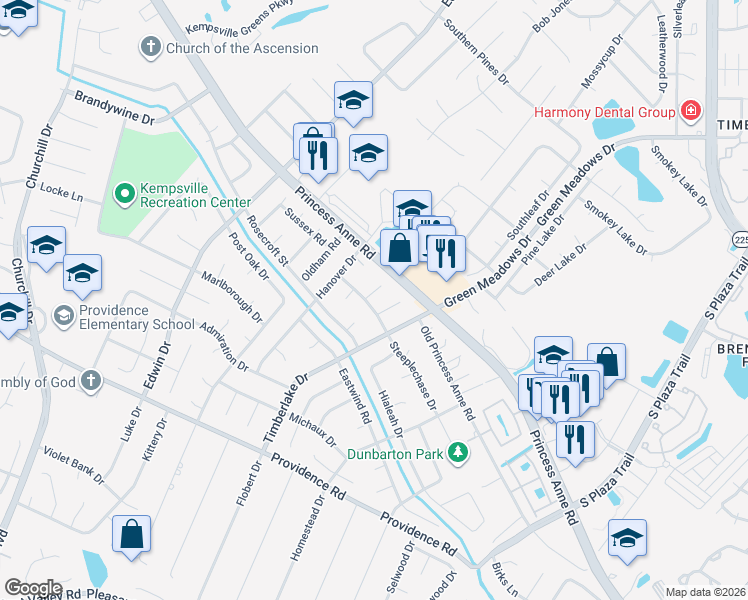 map of restaurants, bars, coffee shops, grocery stores, and more near 816 Yearling Court in Virginia Beach
