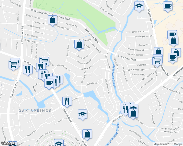 map of restaurants, bars, coffee shops, grocery stores, and more near 3264 Green Lakes Drive in Virginia Beach