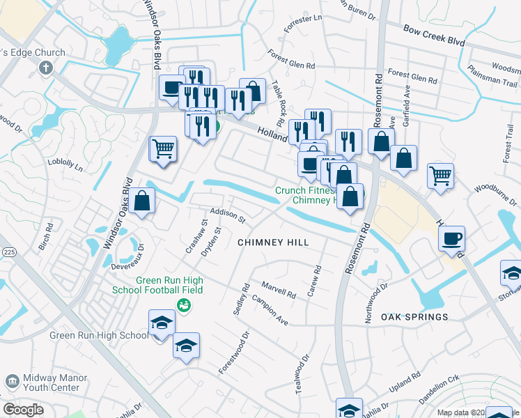 map of restaurants, bars, coffee shops, grocery stores, and more near 735 Harbor Springs Trail in Virginia Beach